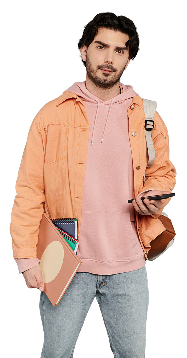 student carrying bookbag, notebooks, and a phone